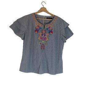 Calessa Embroidered Patchwork Split Round Neck Tiered Short Sleeve Blouse PXL